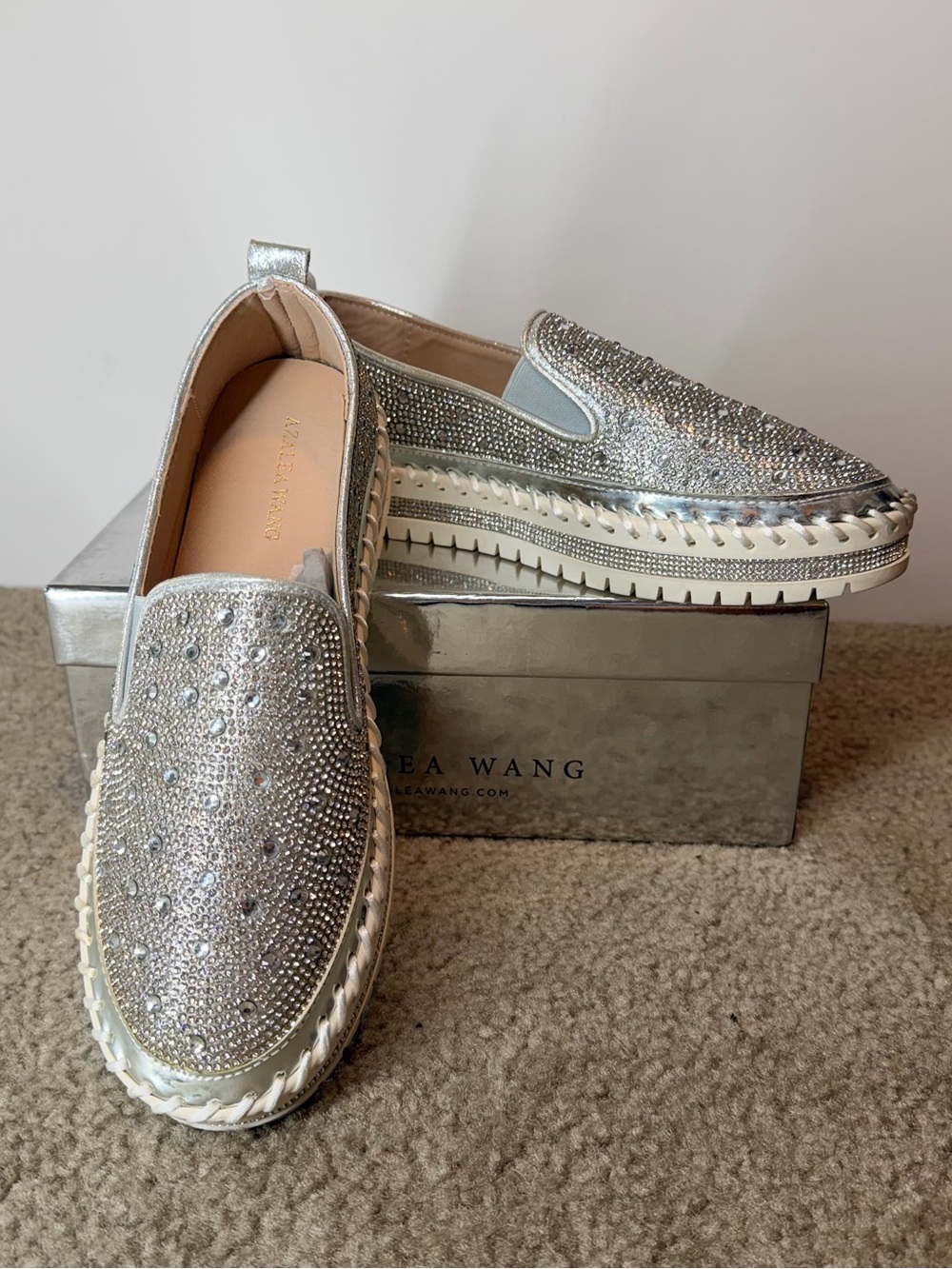 Azalea Wang Brittany Silver Rhinestone Platform Slip-On Sneakers Women's Size 9